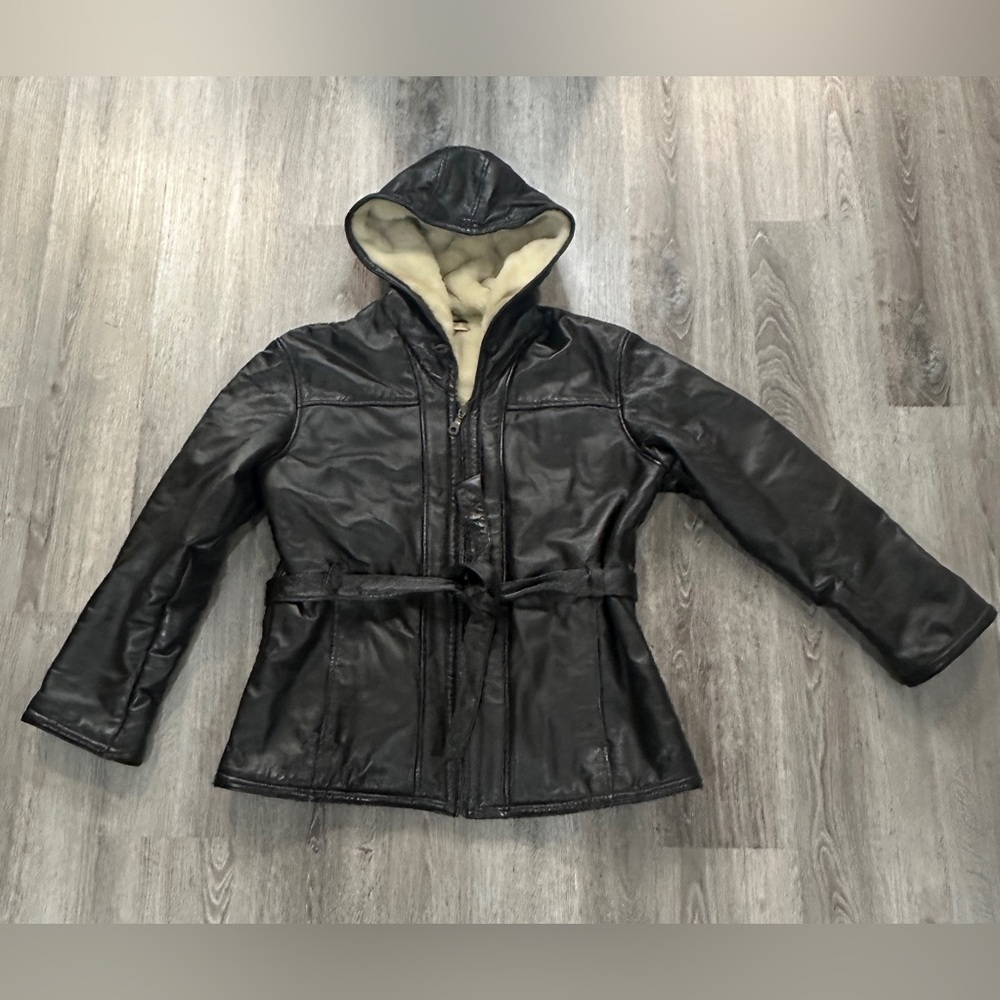 Wilson's 100% Leather Jacket Faux Fur Lined Hooded Black Womens Size XL see pics